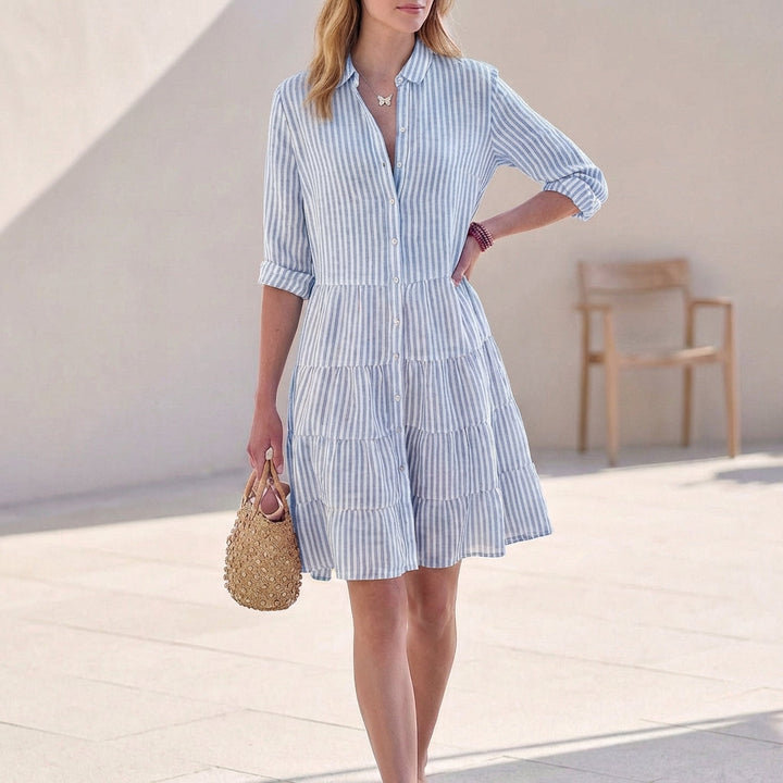 Elegante Abito Midi Tiered Scollo a V Maniche Tre Quarti