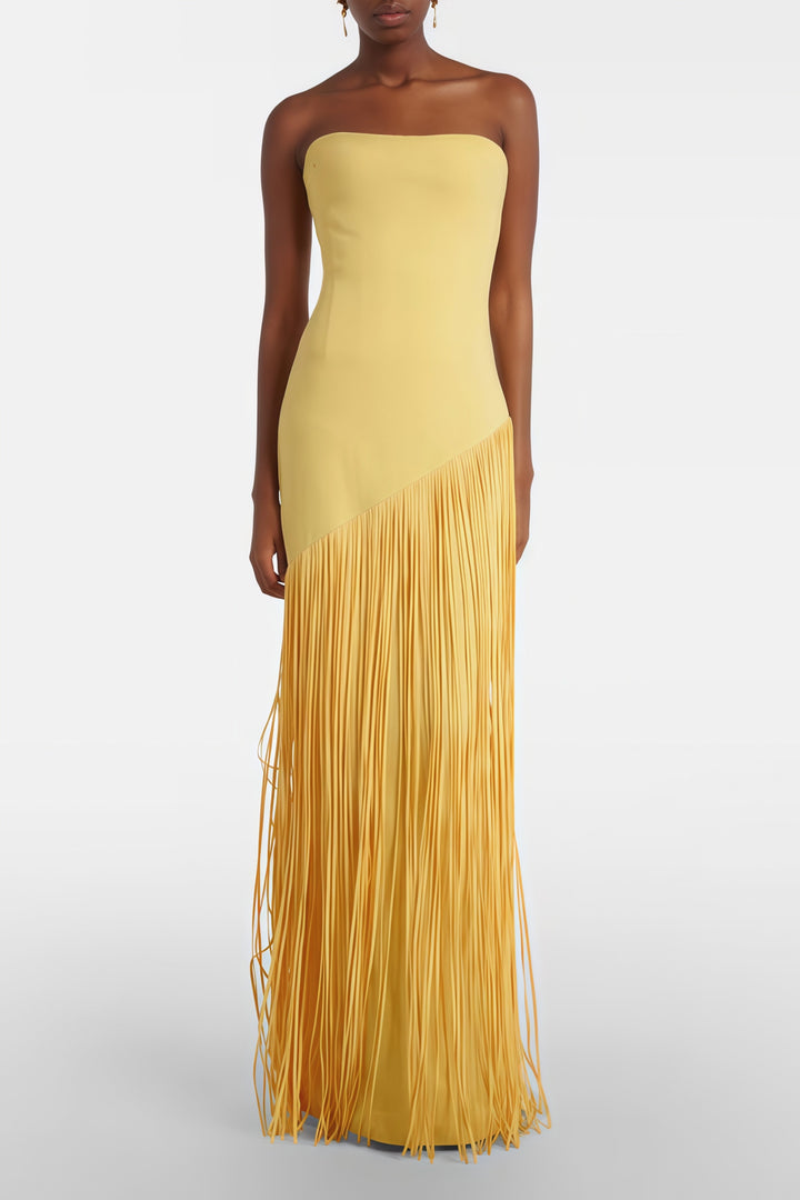 Abito cerimonia raffinato giallo frange
