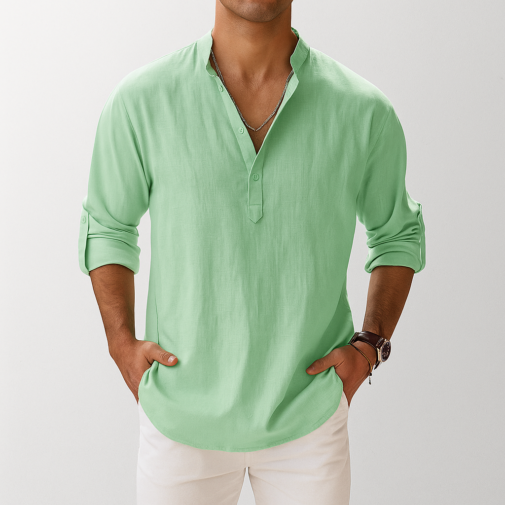 Disinvolto camicia uomo lino collo coreana manica lunga
