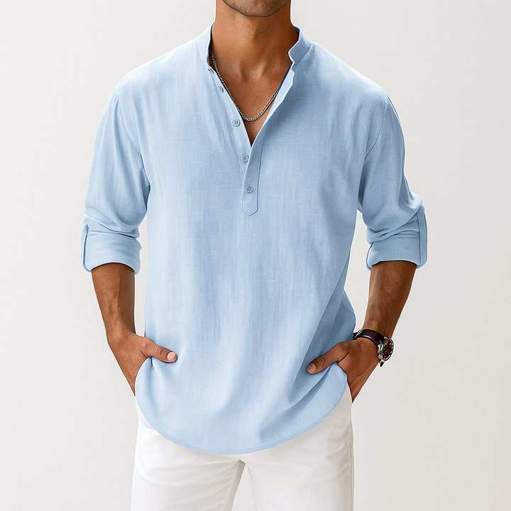 Disinvolto camicia uomo lino collo coreana manica lunga