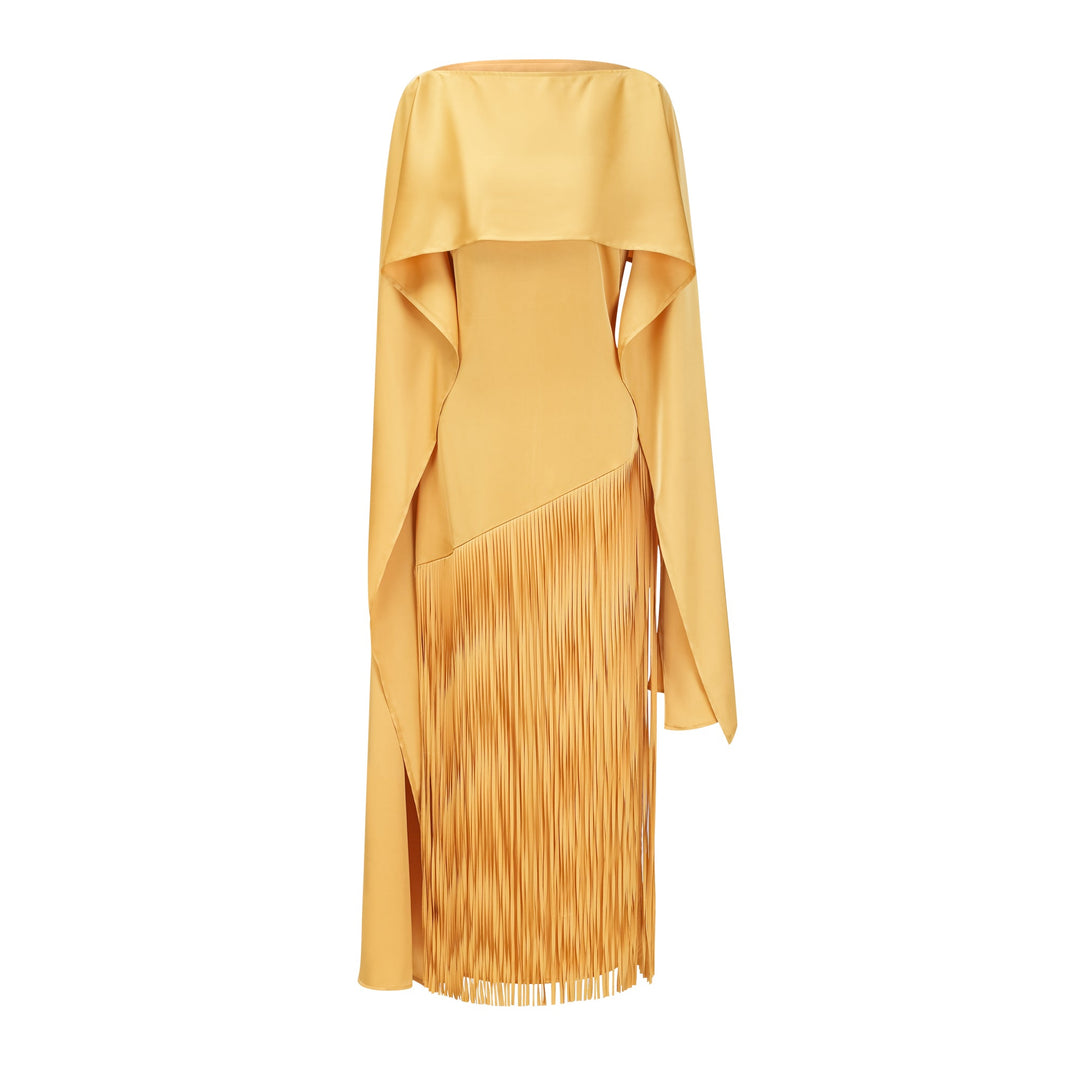 Abito cerimonia raffinato giallo frange