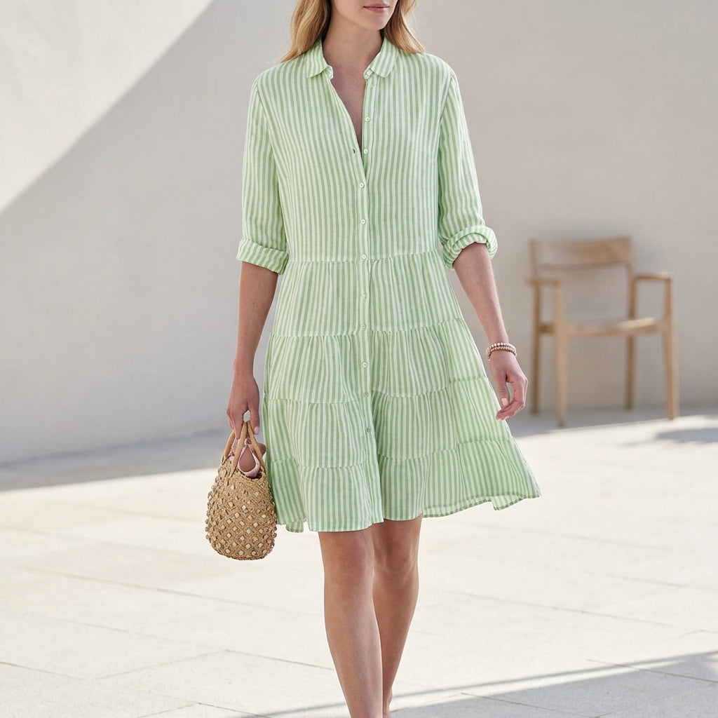 Elegante Abito Midi Tiered Scollo a V Maniche Tre Quarti