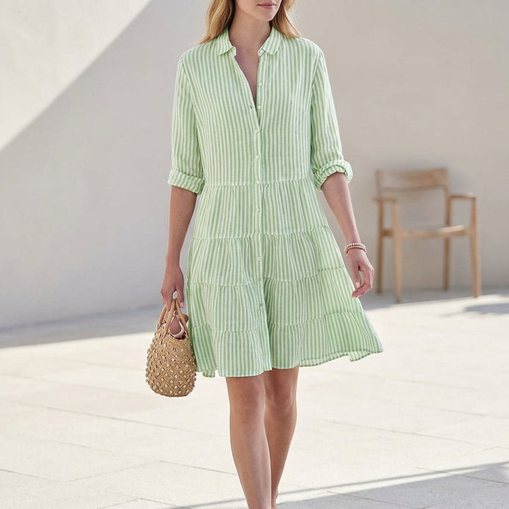 Elegante Abito Midi Tiered Scollo a V Maniche Tre Quarti