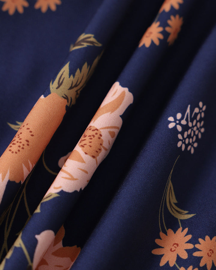 Elegante Abito Midi Floreale Navy Allacciato Arricciato