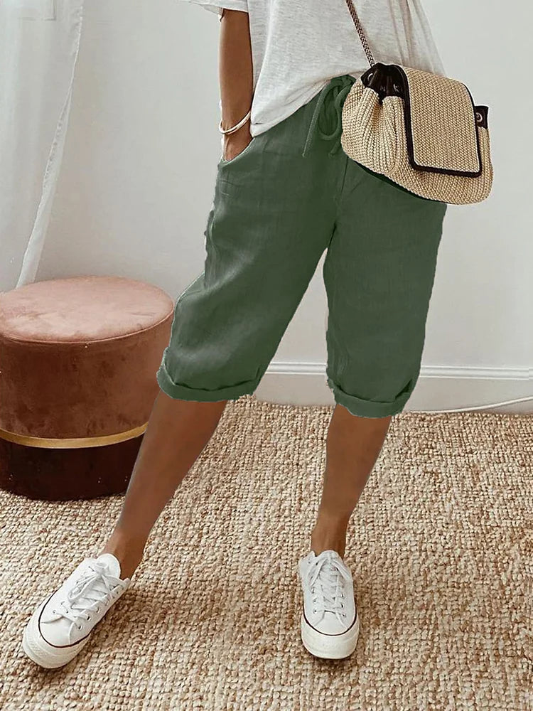 Pantalone Donna in Cotone Taglio Rilassato con Tasche e Coulisse