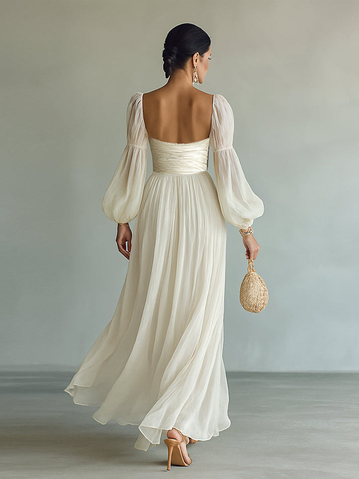 Abito Lungo in Chiffon con Scollo Quadrato e Maniche Lunghe