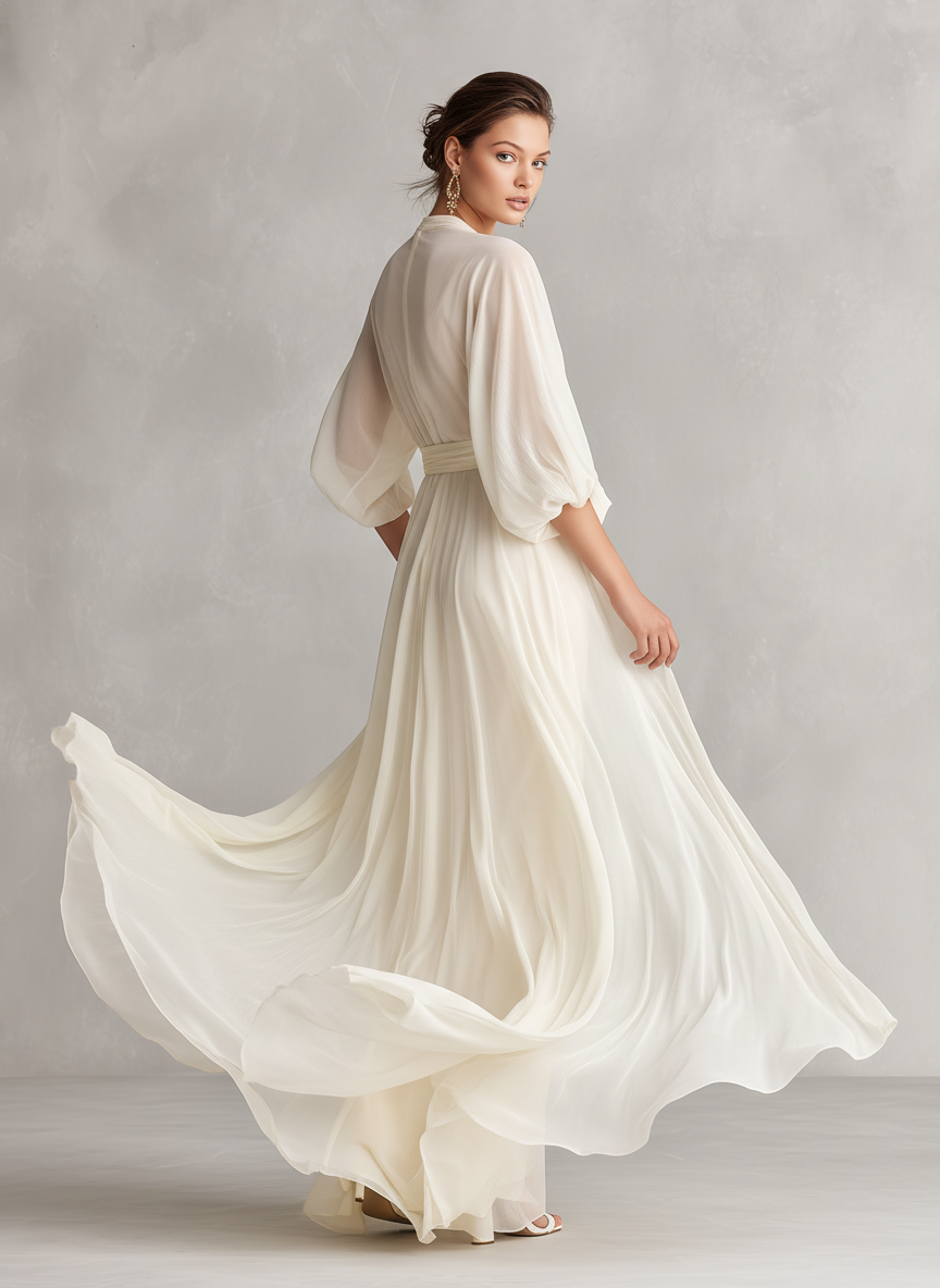 Abito Lungo in Chiffon Avorio con Maniche a Sbuffo e Drappeggio