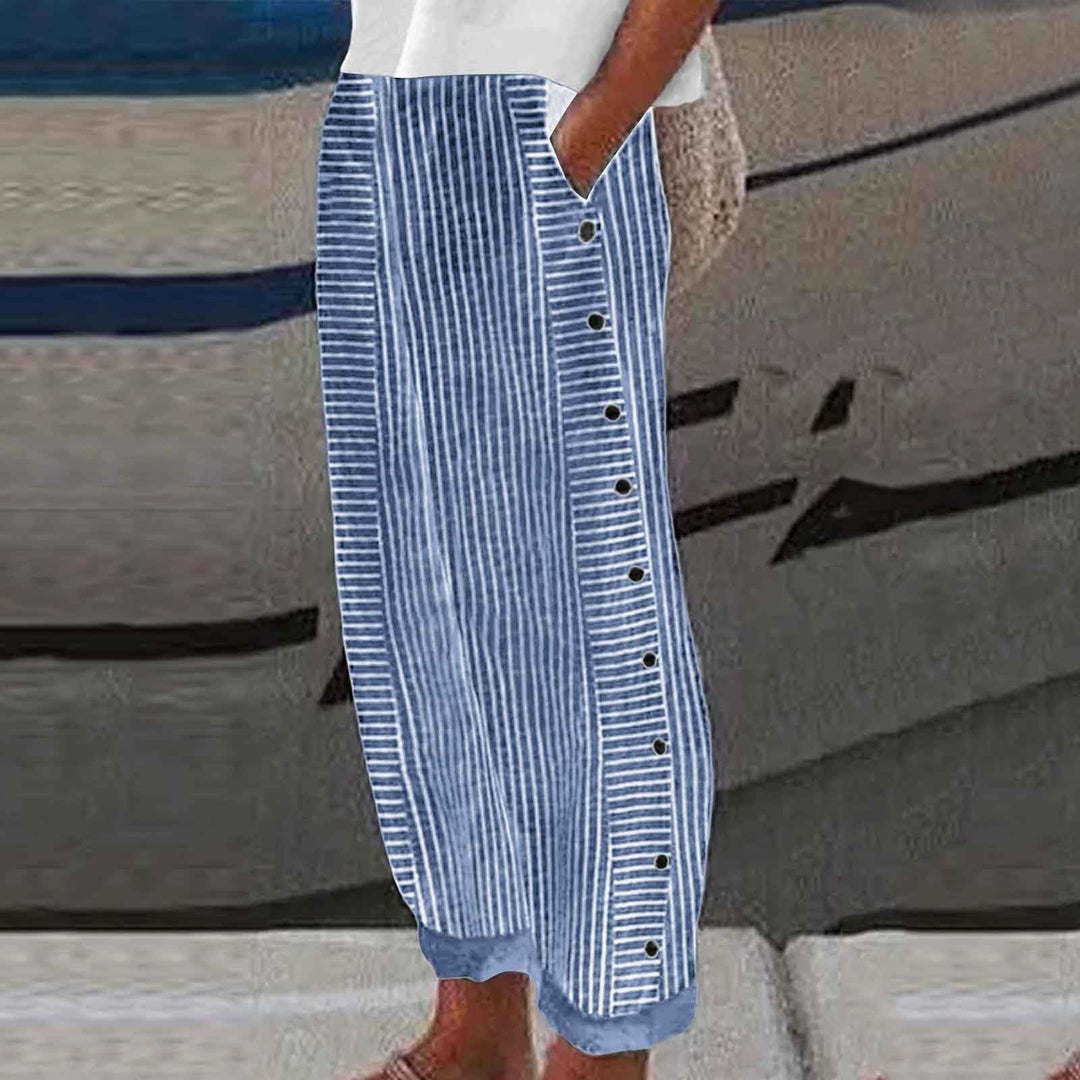 Pantalone a Righe in Lino e Cotone con Dettaglio Bottoni