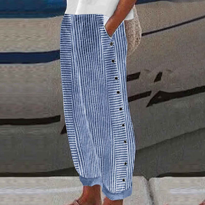 Pantalone a Righe in Lino e Cotone con Dettaglio Bottoni