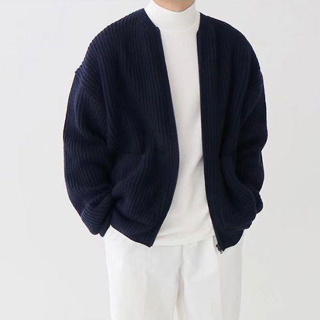 Cardigan Uomo in Maglia Girocollo con Orlo a Coste