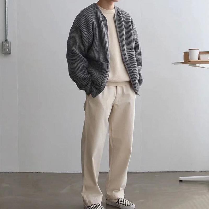 Cardigan Uomo in Maglia Girocollo con Orlo a Coste