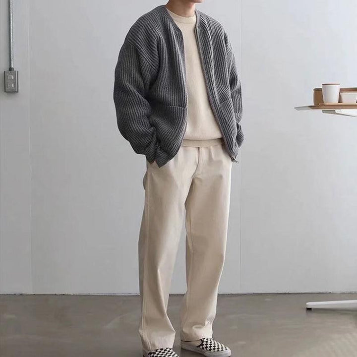 Cardigan Uomo in Maglia Girocollo con Orlo a Coste