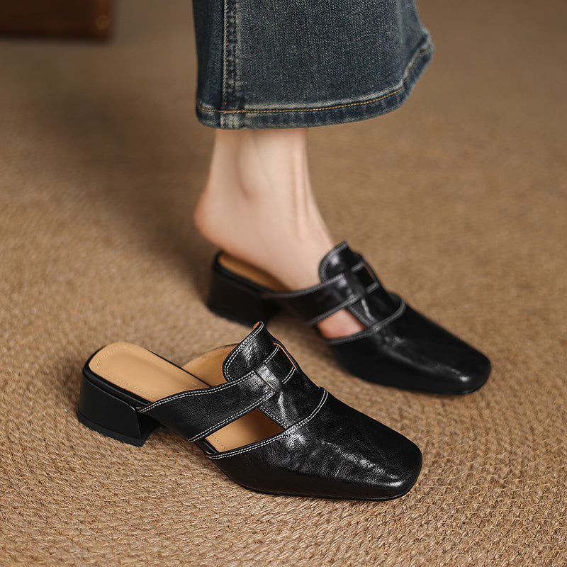 Mules donna eleganti in pelle punta quadrata