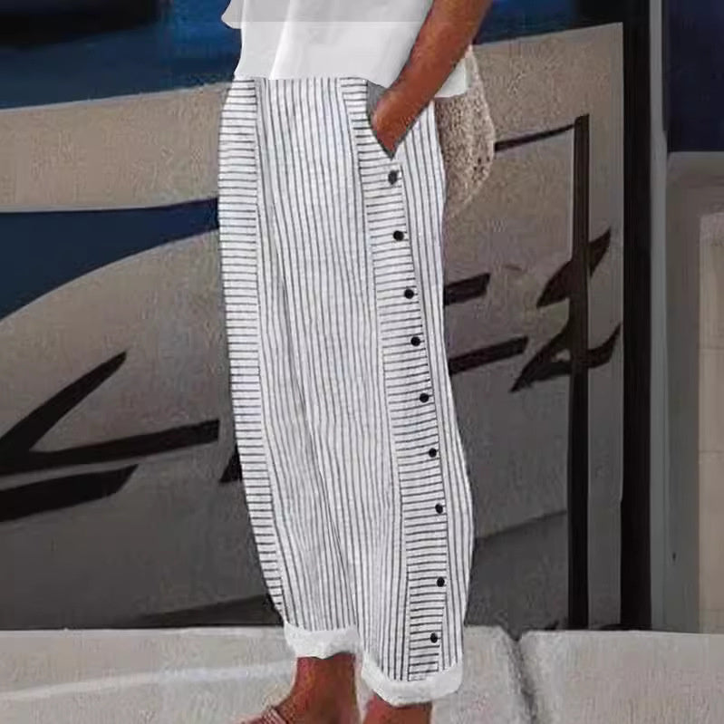 Pantalone a Righe in Lino e Cotone con Dettaglio Bottoni