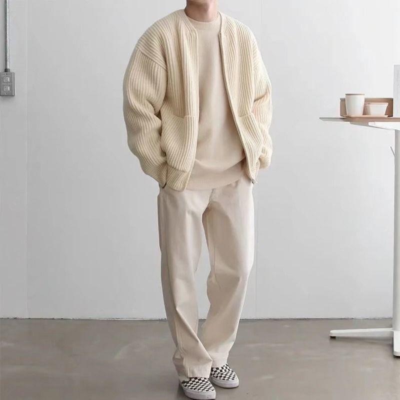 Cardigan Uomo in Maglia Girocollo con Orlo a Coste