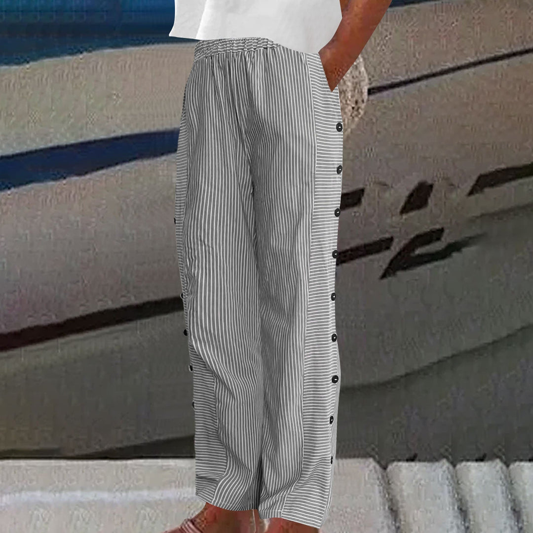 Pantalone a Righe in Lino e Cotone con Dettaglio Bottoni