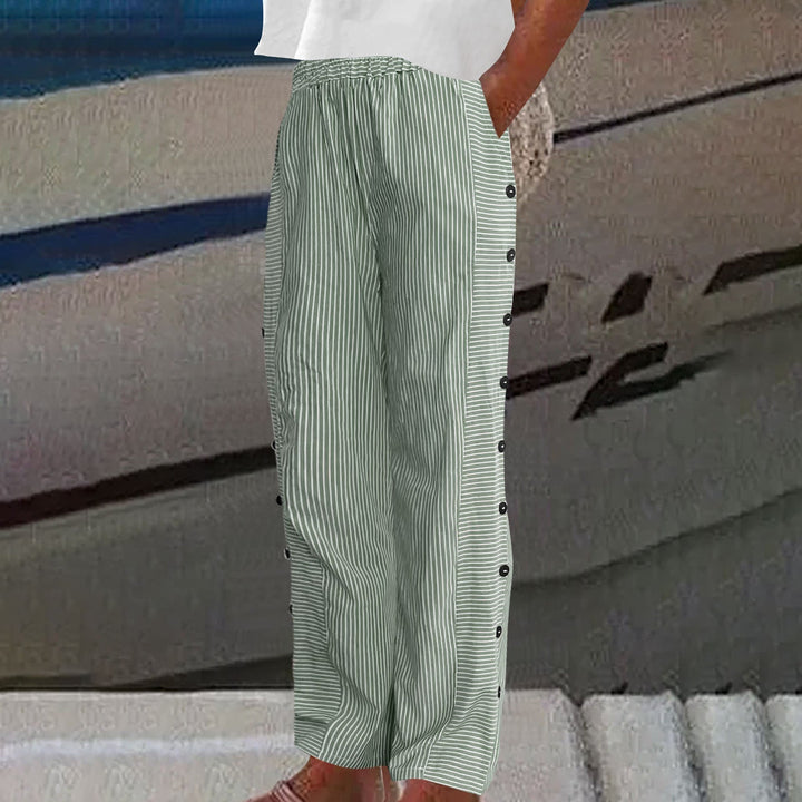 Pantalone a Righe in Lino e Cotone con Dettaglio Bottoni