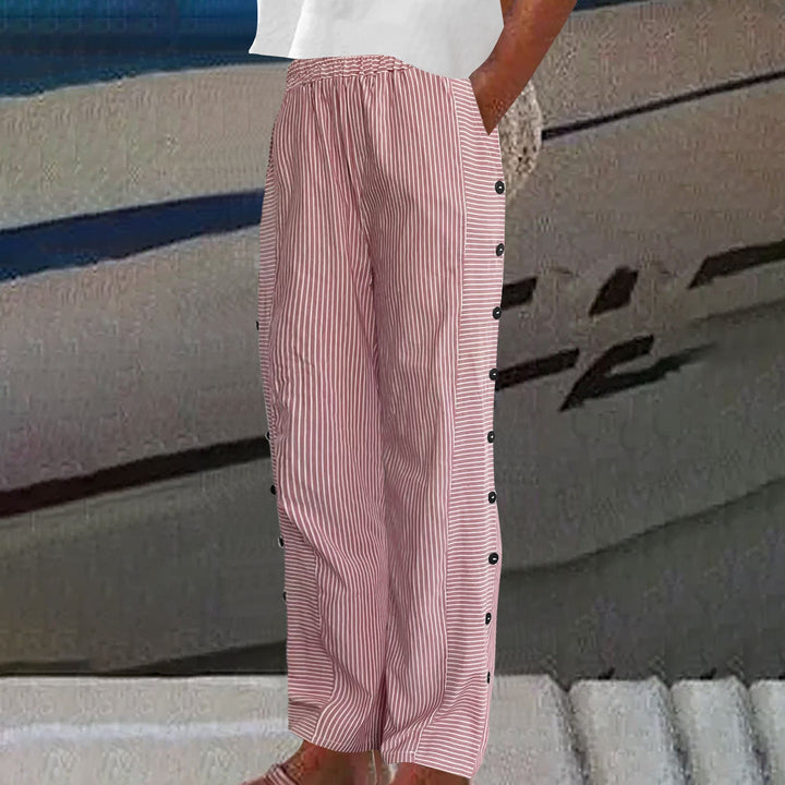 Pantalone a Righe in Lino e Cotone con Dettaglio Bottoni