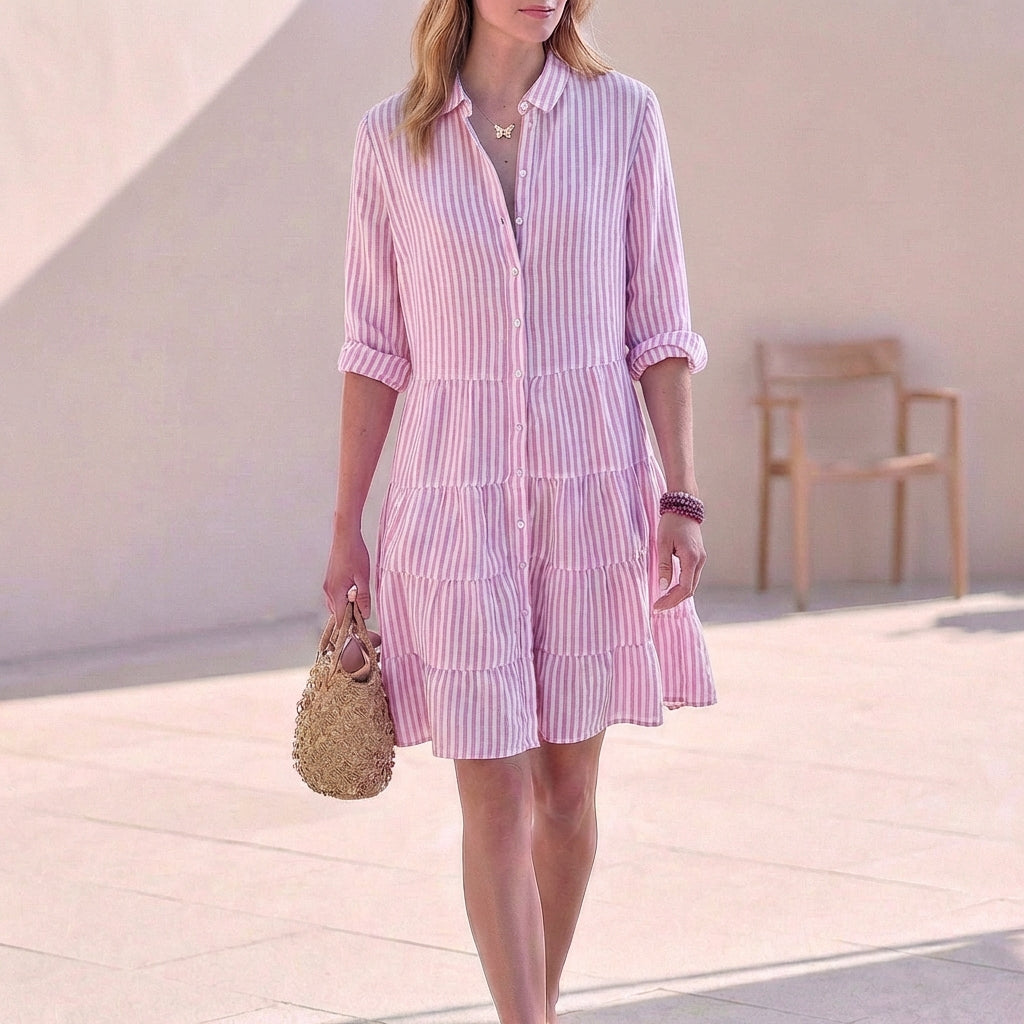 Elegante Abito Midi Tiered Scollo a V Maniche Tre Quarti