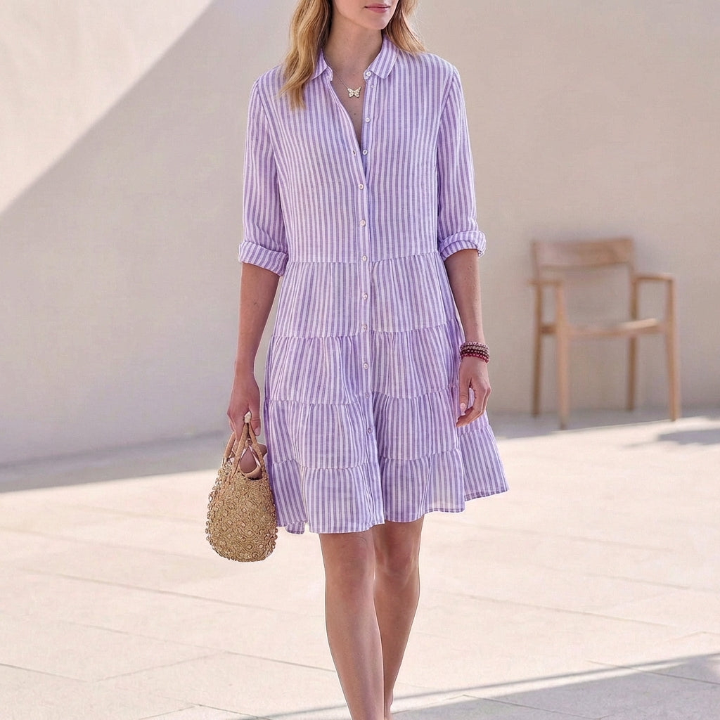 Elegante Abito Midi Tiered Scollo a V Maniche Tre Quarti