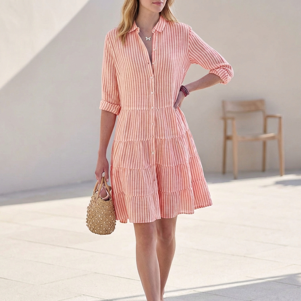 Elegante Abito Midi Tiered Scollo a V Maniche Tre Quarti