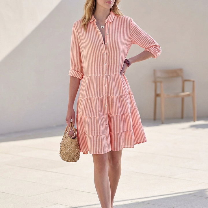 Elegante Abito Midi Tiered Scollo a V Maniche Tre Quarti