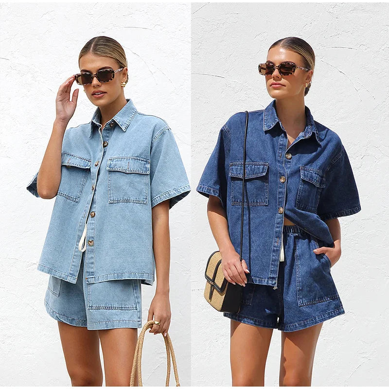 Classico Set Estivo Donna Camicia Shorts Vita Elastica