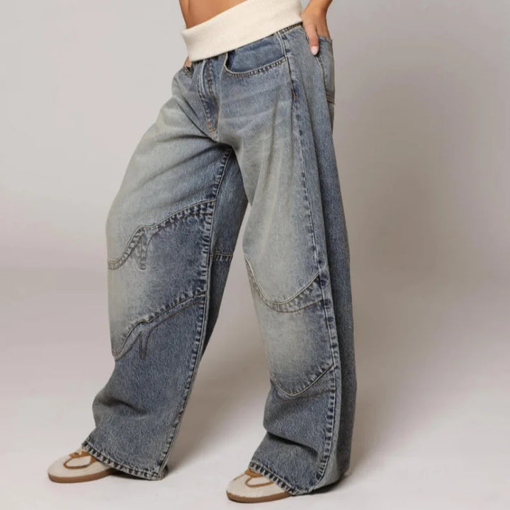 Baggy Jeans Donna Denim Lavato Fascia Crema