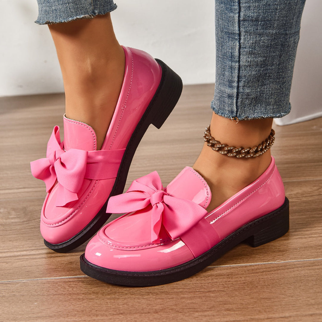 Eleganti Mocassino Donna Vernice con Fiocco Tacco Basso