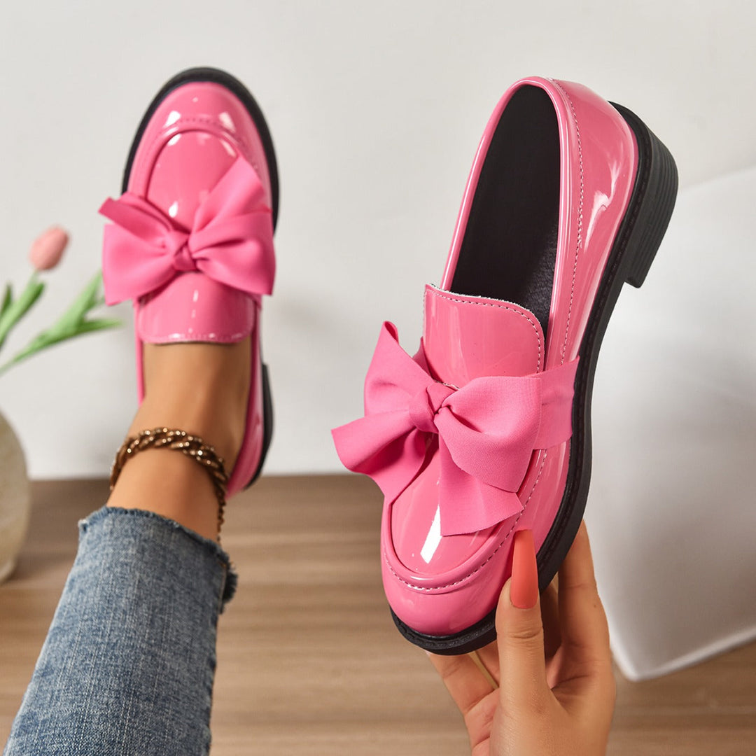 Eleganti Mocassino Donna Vernice con Fiocco Tacco Basso