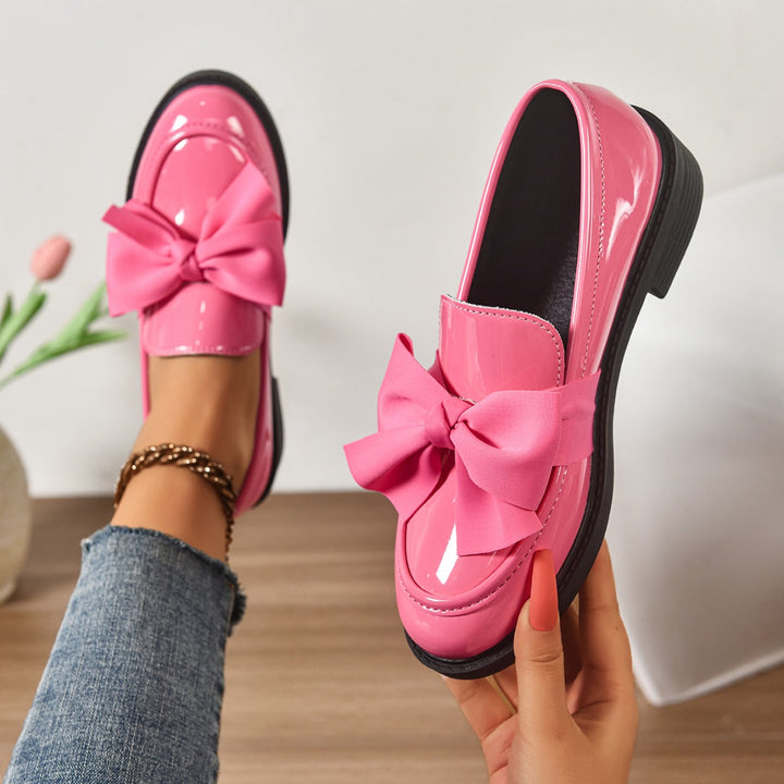 Eleganti Mocassino Donna Vernice con Fiocco Tacco Basso