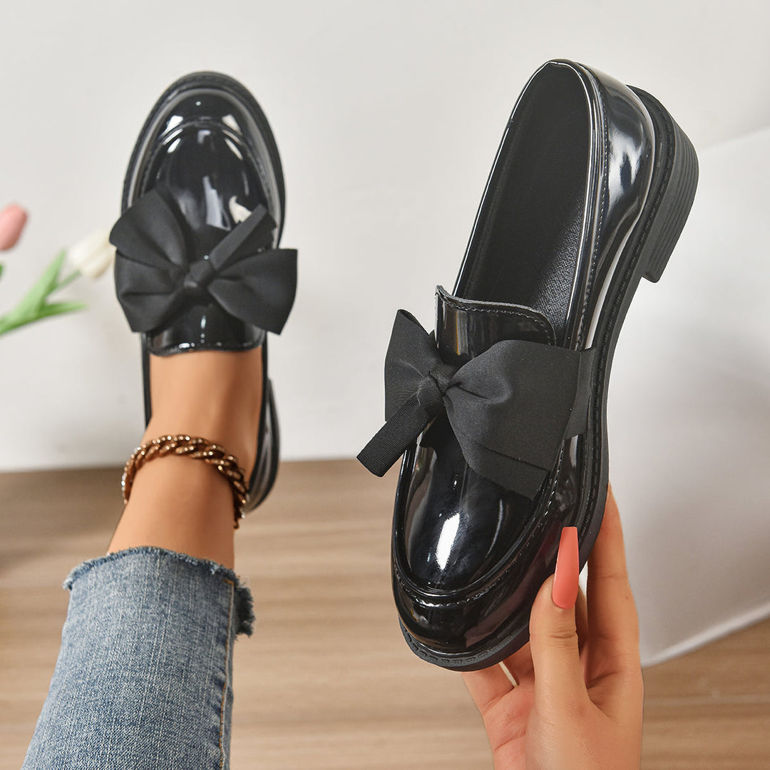 Eleganti Mocassino Donna Vernice con Fiocco Tacco Basso