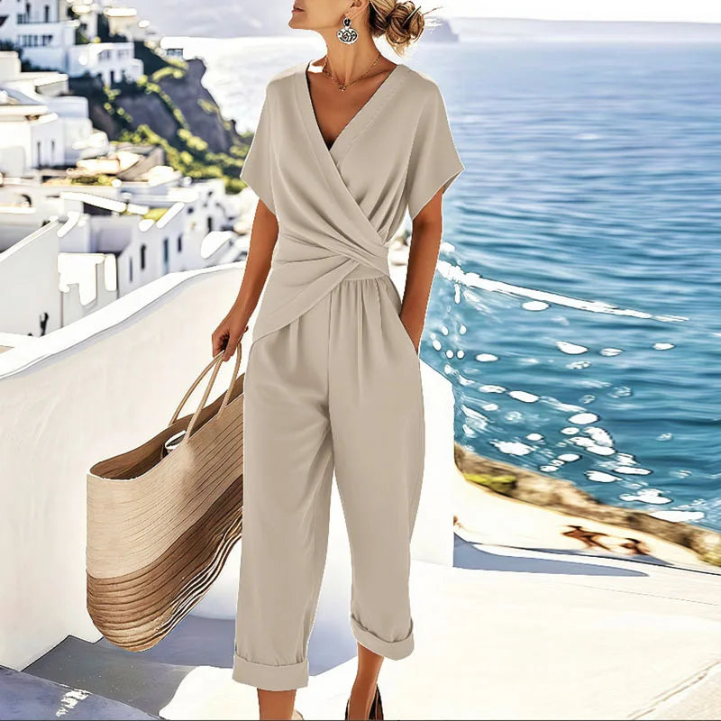 Elegante Set Estivo Donna Top Avvolgente Pantaloni Sartoriali