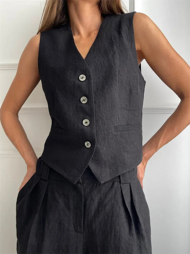 Raffinato Set Estivo Gilet Abbottonato Pantaloni Larghi
