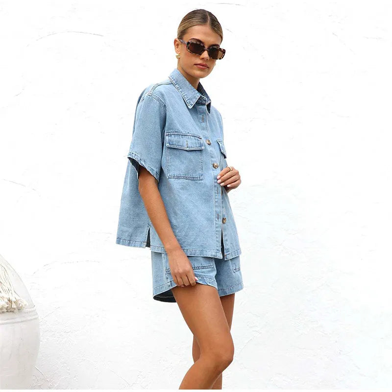 Classico Set Estivo Donna Camicia Shorts Vita Elastica