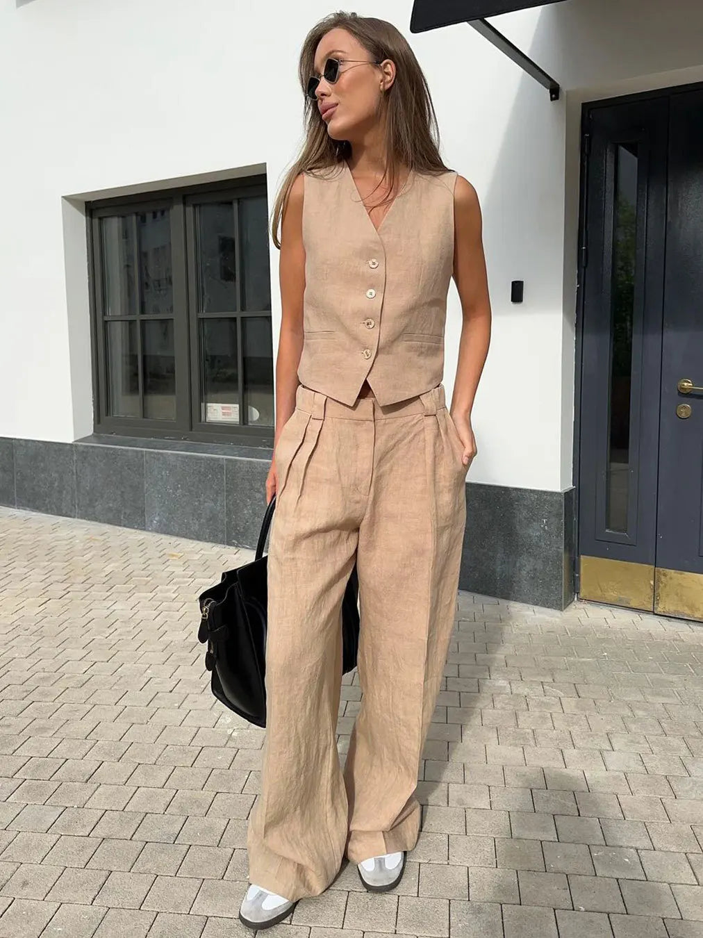 Raffinato Set Estivo Gilet Abbottonato Pantaloni Larghi