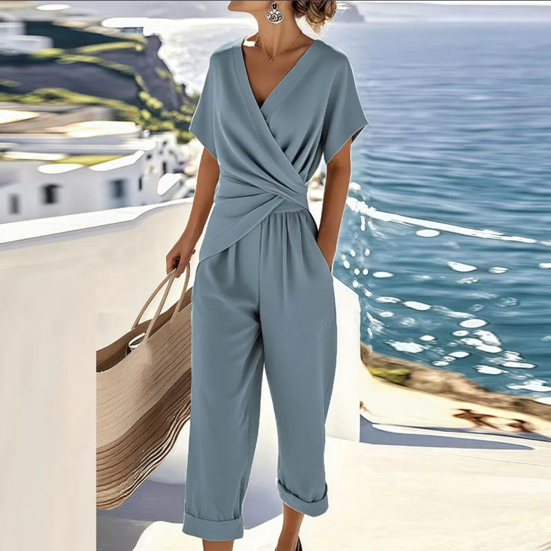 Elegante Set Estivo Donna Top Avvolgente Pantaloni Sartoriali