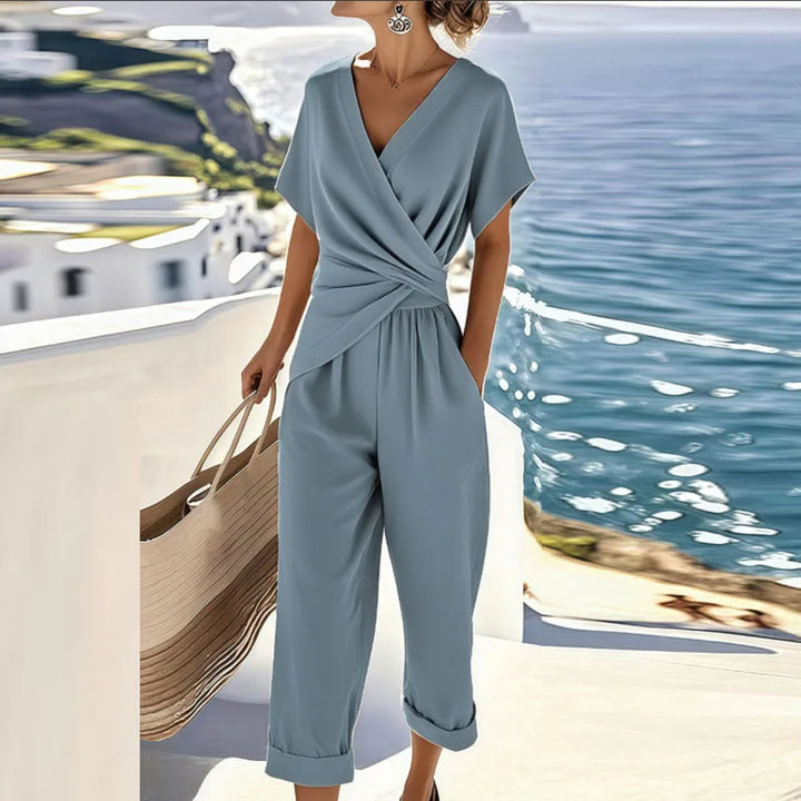 Elegante Set Estivo Donna Top Avvolgente Pantaloni Sartoriali