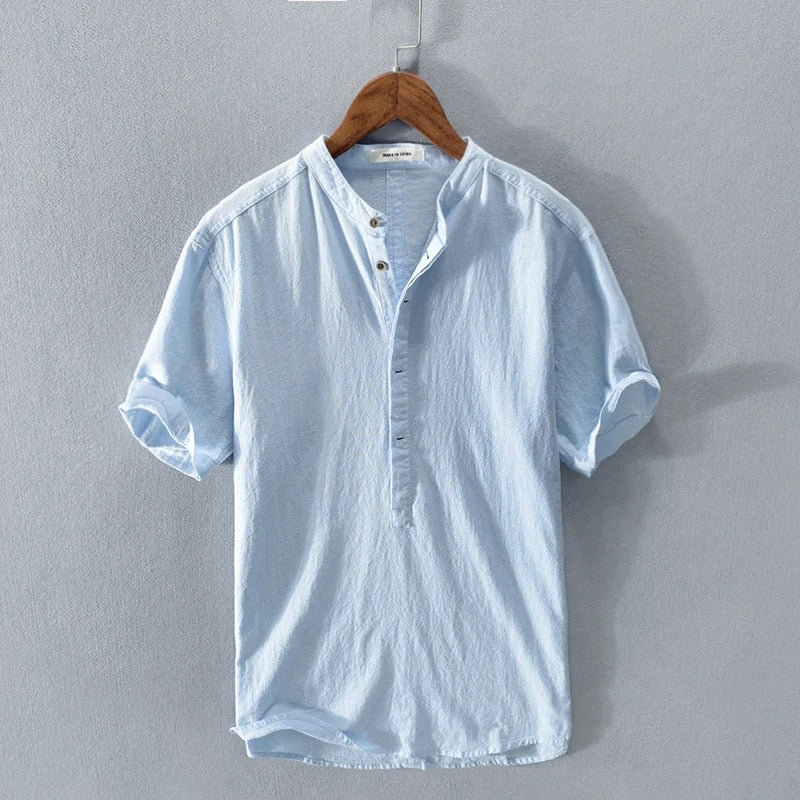 Camicia in Lino Manica Corta Collo alla Coreana