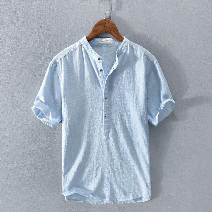Camicia in Lino Manica Corta Collo alla Coreana
