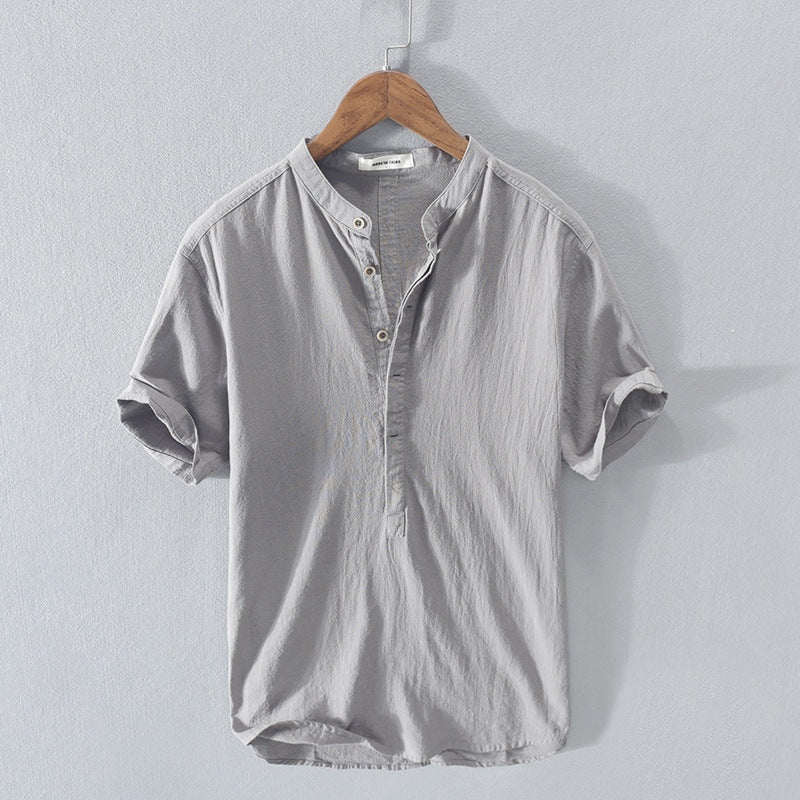 Camicia in Lino Manica Corta Collo alla Coreana