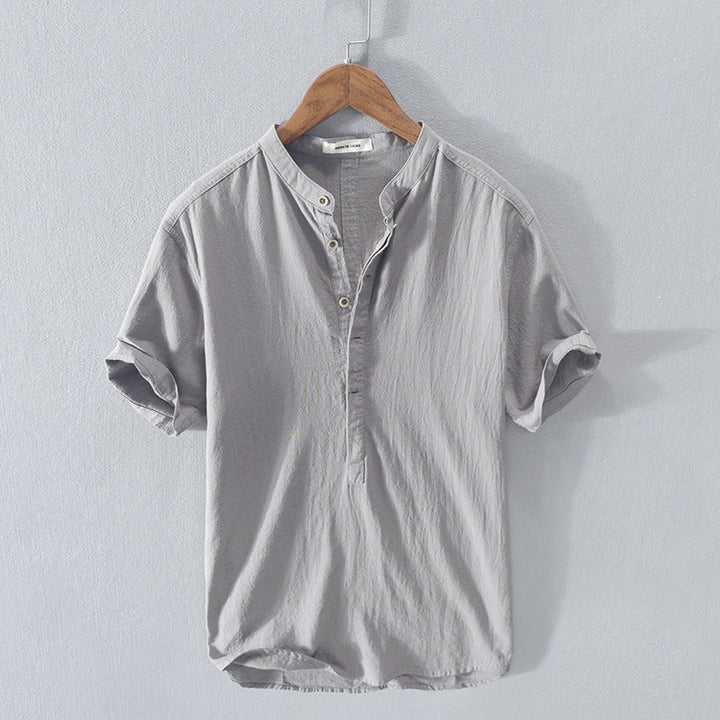 Camicia in Lino Manica Corta Collo alla Coreana