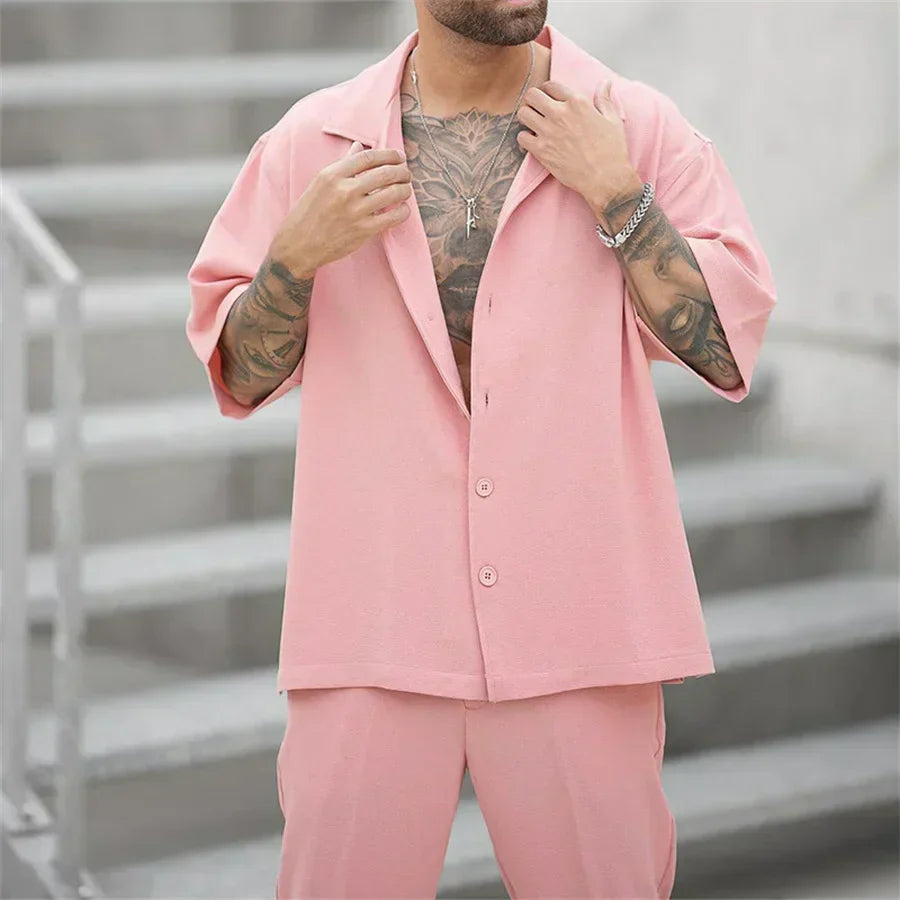 Classico Completo Estivo Uomo Camicia Pantaloni Dritti