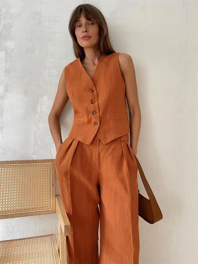 Raffinato Set Estivo Gilet Abbottonato Pantaloni Larghi