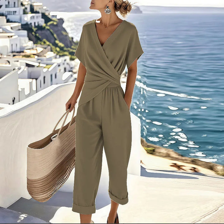 Elegante Set Estivo Donna Top Avvolgente Pantaloni Sartoriali