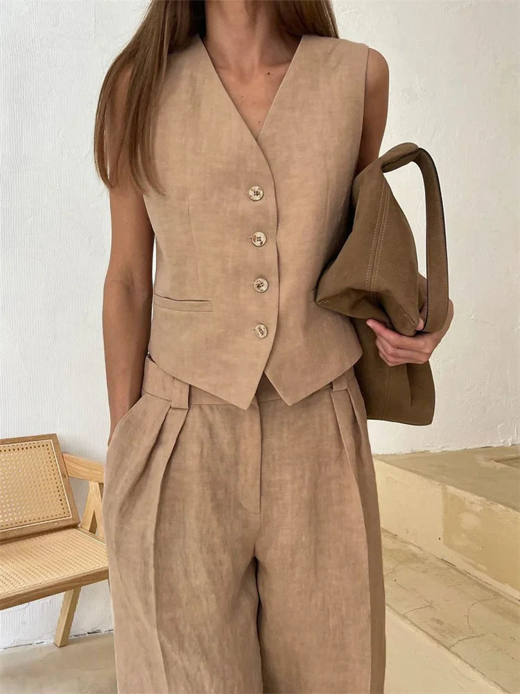 Raffinato Set Estivo Gilet Abbottonato Pantaloni Larghi