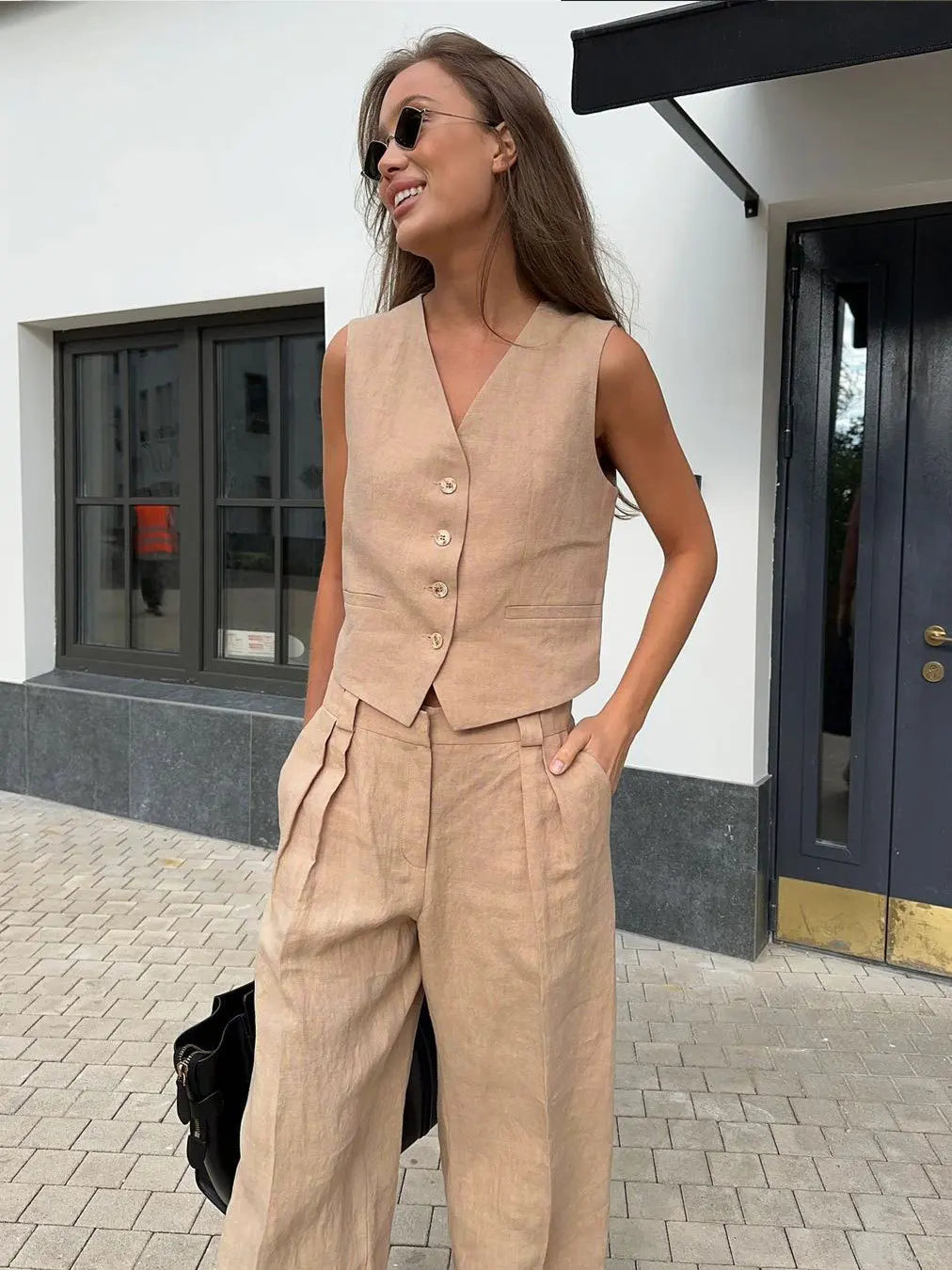 Raffinato Set Estivo Gilet Abbottonato Pantaloni Larghi