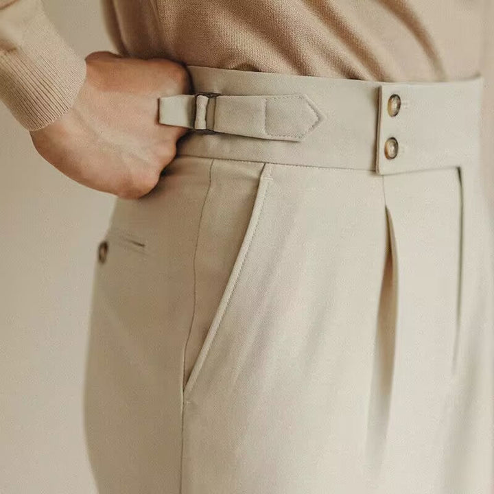 Elegante Pantalone Uomo Doppio Bottone Piega Regolatori Laterali