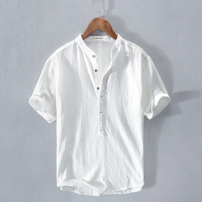 Camicia in Lino Manica Corta Collo alla Coreana