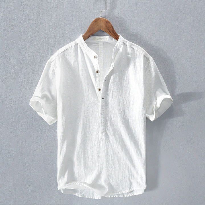 Camicia in Lino Manica Corta Collo alla Coreana